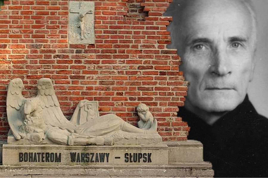 Ks. Jan Zieja i pomnik wzniesiony z jego inicjatywy w Słupsku.