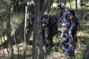 Dwaj policjanci w lesie z bronią długą.