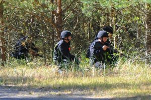 Policjanci z bronią długą przy drodze.